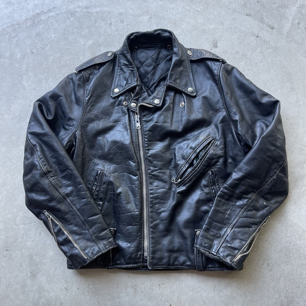 Vintage 60s Leather Motorcycle Jacket Distressed Double Rider Biker Black